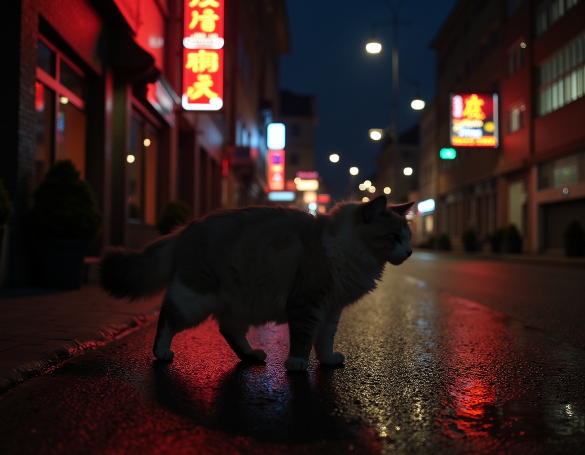 Cat walks through an illuminated cityscape, surrounded by vibrant lights and a serene vibe.